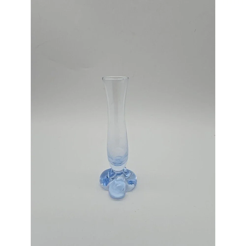Vintage Art Glass Bud Vase Clover Foot Ice Blue Blown Glass